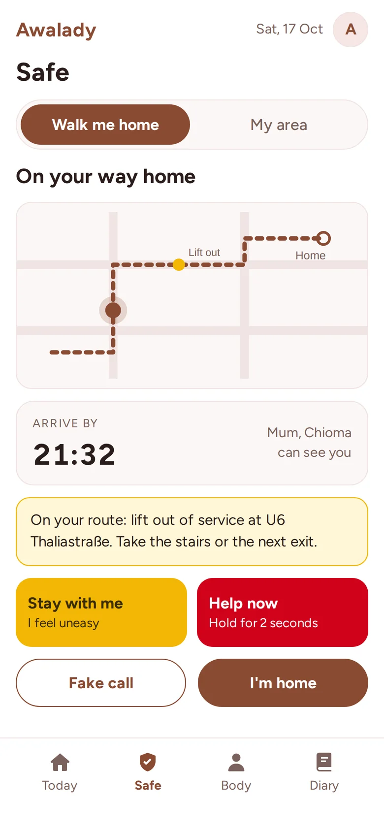 Awalady walk screen: the route home on a map, arrival time, and who can see you